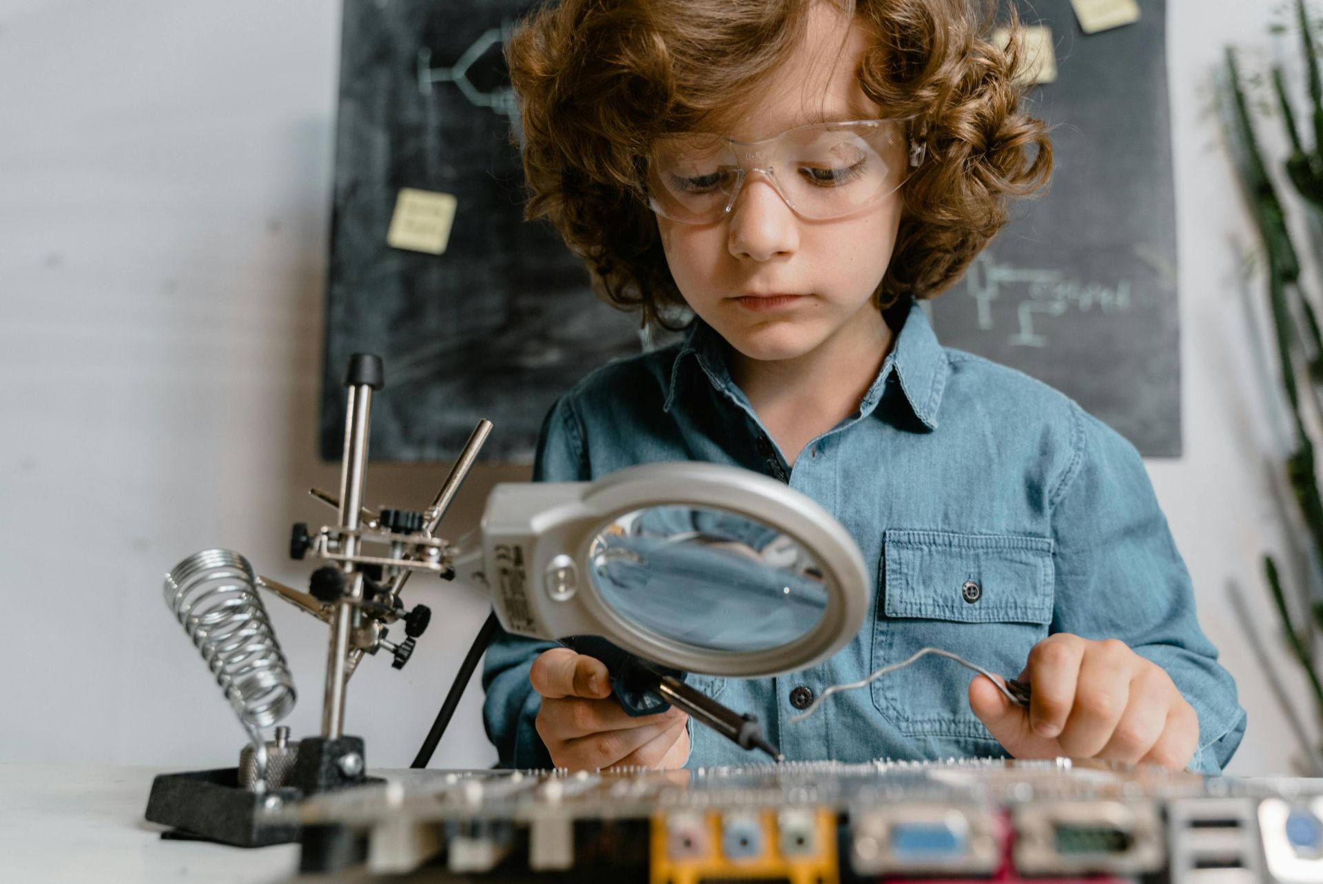 Child using tools like magnifying glass and soldering iron to learn electronics.